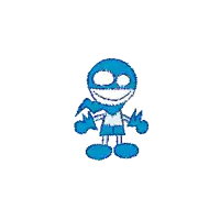 a blue and white cartoon character with a scarf around his neck is smiling .