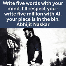 a man stands in front of a sign that says write five words with your mind