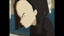 a cartoon character with long black hair is looking at something