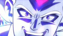 a close up of a cartoon face with purple eyes