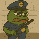 a frog in a police uniform has the number 1337 on his badge