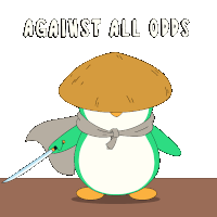 a cartoon of a penguin holding a sword with the words " against all odds " above it