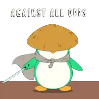 a cartoon of a penguin holding a sword with the words " against all odds " above it