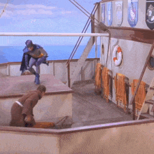 a man in a batman costume stands on a boat