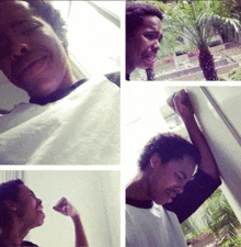 a collage of four pictures of a man with a white shirt