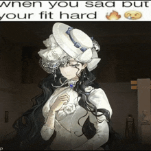 a cartoon of a woman wearing a white hat with the words " when you sad put your fit hard " on the bottom
