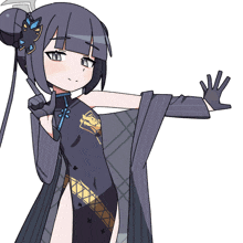 a cartoon drawing of a girl in a black dress and gloves giving a peace sign