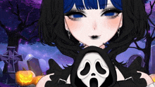a girl with blue hair is holding a scream mask in a cemetery