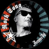 a black and white photo of a man with the words rock song family written around him