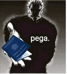 a man is holding a piece of paper with the word pega written on it