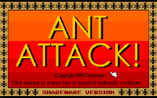a computer screen that says ant attack copyright 1994 dataware click mouse or press key or joystick button to continue