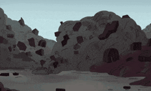 a cartoon drawing of a pile of rubble with a blue sky behind it
