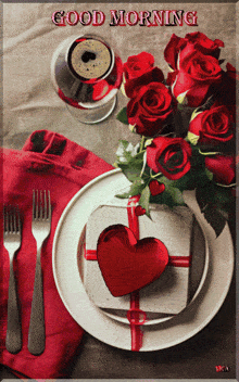 a greeting card that says good morning with red roses and a heart on a plate