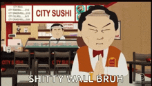 a cartoon of a man in front of a city sushi sign