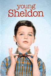 a poster for young sheldon shows a young boy in a plaid shirt