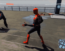 a video game shows a man in a spiderman costume walking