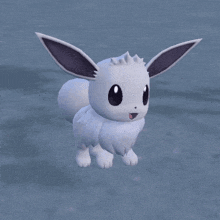 a white eevee with purple ears is sitting on a blue surface