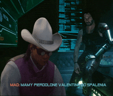 a man wearing a cowboy hat is talking to another man in a video game