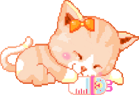 a pixel art drawing of a kitten with a bow on its ear