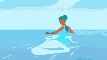 a cartoon drawing of a mermaid riding a wave in the ocean