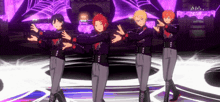 a group of anime characters are dancing on a stage in front of a purple background .