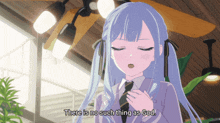 a girl with blue hair and a tie says there is no such thing as god