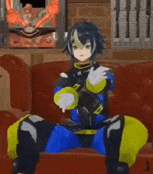 a cartoon character is sitting on a red couch holding a gun .