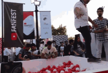 diving having fun ball pit red and white fan fest