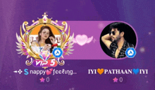 a purple background with a picture of a woman and a picture of a man with the words snappy feeling on it