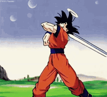 goku from dragon ball z is swinging a sword in a field with a halo on his head .