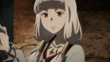 a girl with white hair and red eyes is looking at the camera
