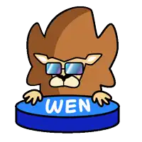 a cartoon of a dog wearing sunglasses holding a blue button that says wen