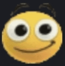 a close up of a yellow smiley face with big eyes and a black background .