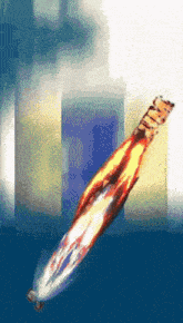 a computer generated image of a rocket flying through the air with a blue background
