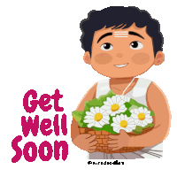 a cartoon of a man holding a basket of daisies and the words get well soon