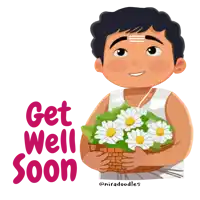 a cartoon of a man holding a basket of daisies and the words get well soon