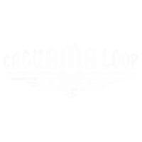 a white logo that says caguana loop with a heart in the middle