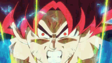 a close up of a cartoon character with red hair and a blue background .
