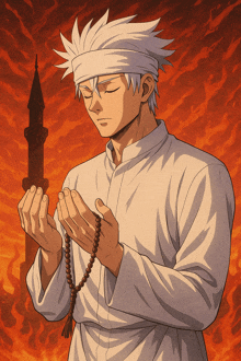 a man with a headband on his head is praying