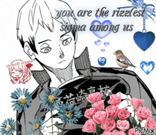 a picture of a boy with flowers and the words " you are the ritziest sigma among us " on top