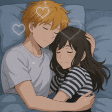 a boy and a girl are hugging with hearts surrounding them