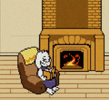 a pixel art drawing of a dog sitting in front of a fireplace