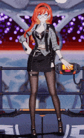 a woman with red hair and glasses is standing in front of a fence with the letter e on it