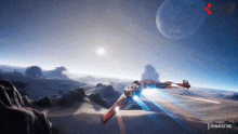 a computer screen shows a space ship flying through the air