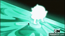 a cartoon character is standing on a green surface with a glowing object in the background .