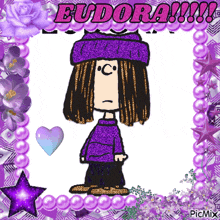 a picture of a girl in a purple outfit with eudora written on the top