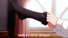 a picture of a person putting on a pair of socks with the website ready for mirror dungeon clined.com