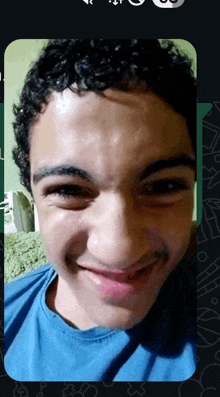 a close up of a young man 's face with a blue shirt on