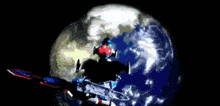 a robot is holding a sword in front of the earth