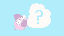 a cartoon character with glasses and a cloud with a question mark